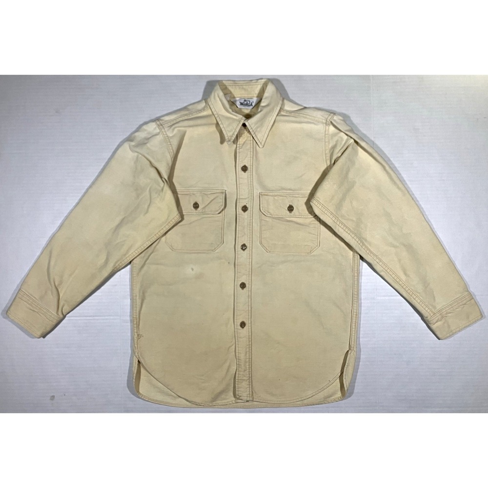 Woolrich Chamois Flannel Shirt Mens Size Medium Beige Vintage 70s Distressed